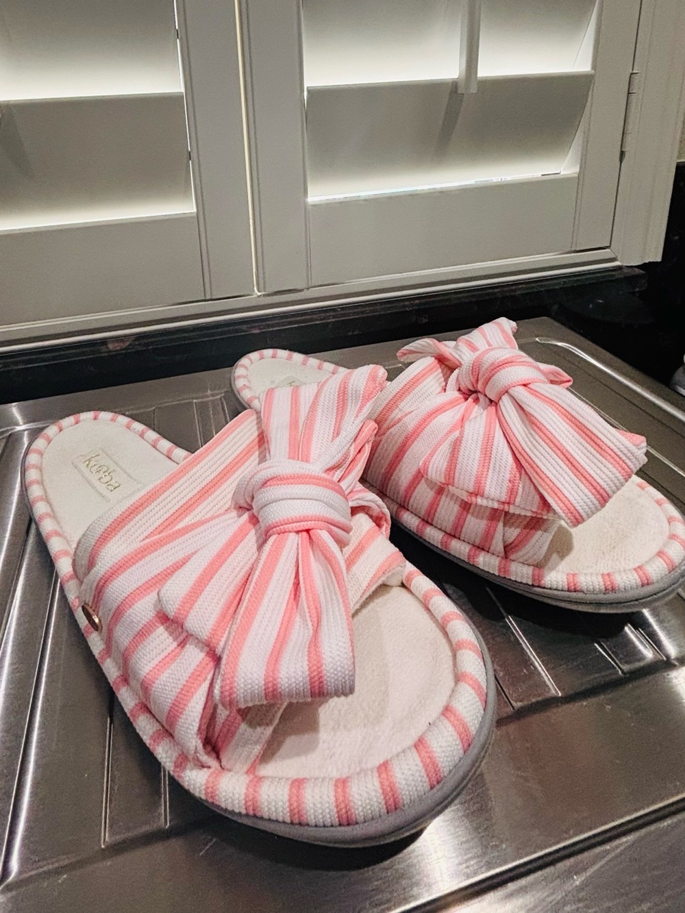 Kooba Pink and White Striped Bow Slide Slippers Excellent condition